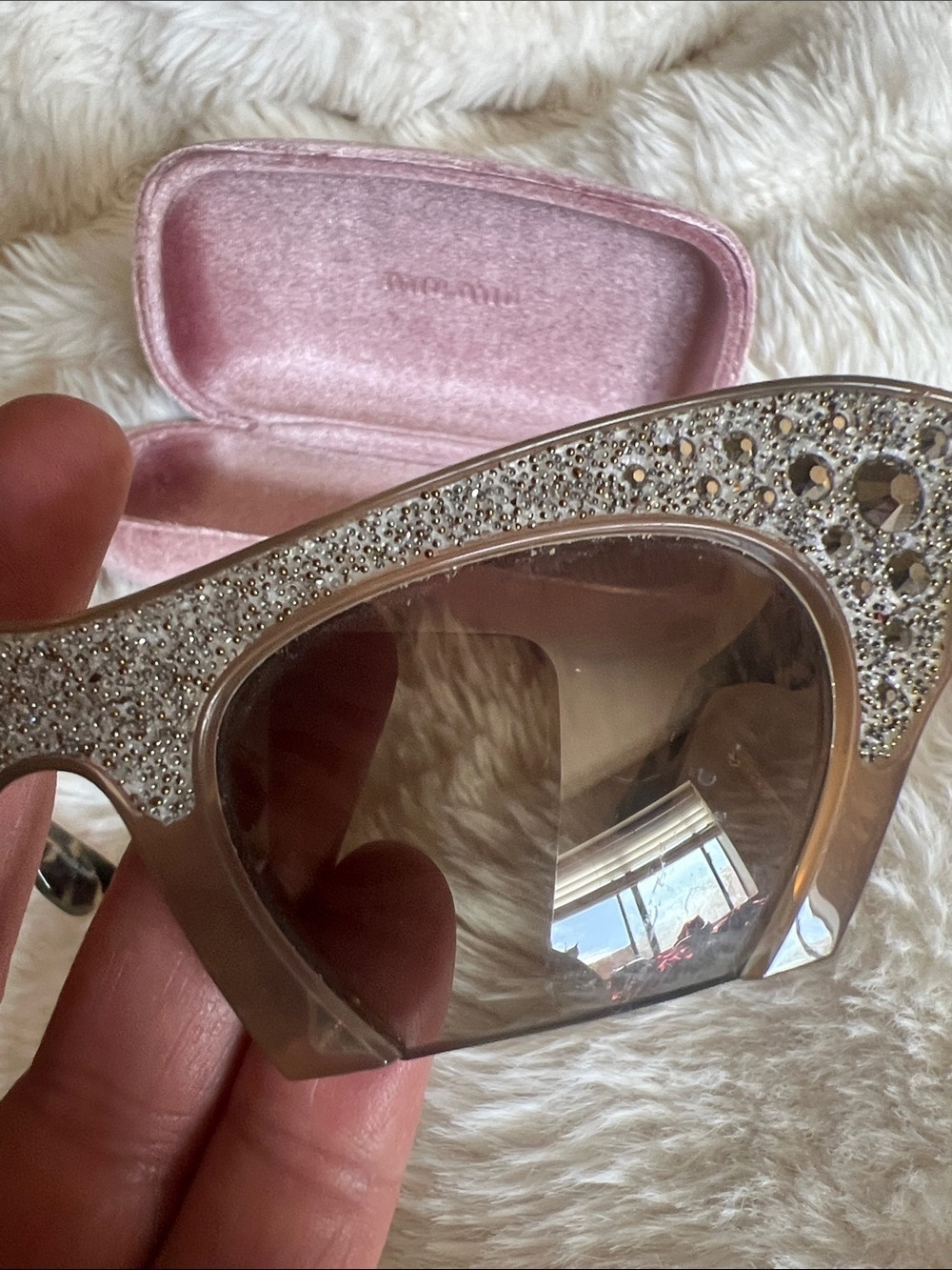 Miu Miu Crystal Embellished Cat Eye Sunglasses - Pink Case - Picture 7 of 9
